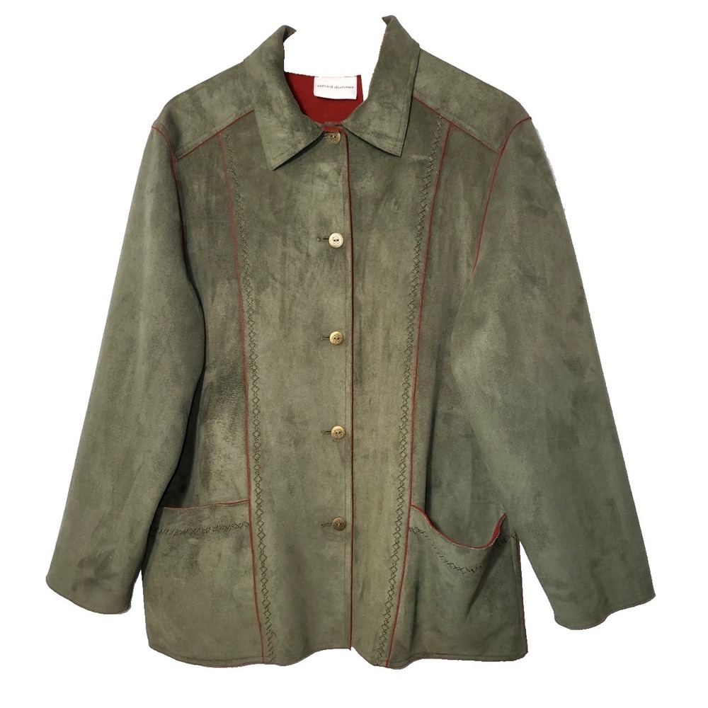 Alfred Dunner Olive Faux‎ Suede Jacket Red Trim Pockets Decorative Buttons Sz 14